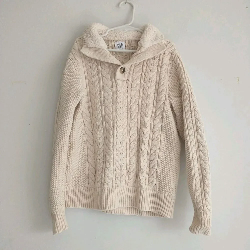 Gap Kids Sweater Boys M/8 Cream Cable Knit Chunky Sherpa Collar CottonFisherman